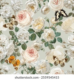 Seamless rose pattern with elegant botanical details. Classic floral design ideal for fabric printing, luxury textile, wallpaper, home decor and surface design projects.