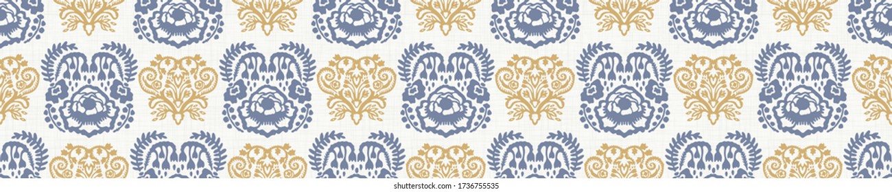 Seamless rose pattern in french blue linen shabby chic style. Hand drawn floral damask texture. Old white blue background. Farmhouse style wallpaper home decor swatch. Flower motif all over print