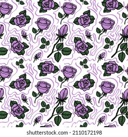 Seamless rose pattern, hand-drawn doodle-style elements. Purple roses, buds, leaves and ribbons. Silhouette, outline. Flowers. Symbol. Valentine's Day. Vector image of purple roses on white background