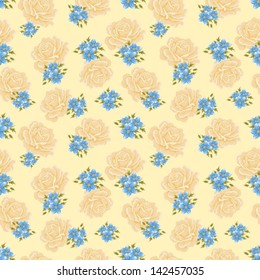 Seamless rose pattern on yellow background, vector illustration