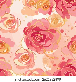 Patrón de rosa sin fisuras con Elementos de fondo floral abstracto de arte dibujado a mano de color rosa y amarillo dorado. Vector de Fondo de pantalla de jardín de flores