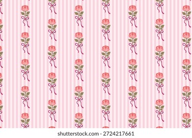 Patrón rosa sin costuras con rayas rosadas, muestra disponible en el panel de muestras, lazos de cinta y diseño floral romántico