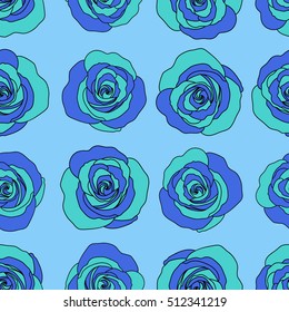 Seamless rose pattern. Sketch with blue flowers. Hand drawn.