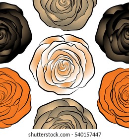 Seamless rose pattern. Sketch with orange, white and beige flowers. Hand drawn.