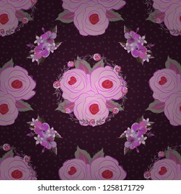 Seamless rose pattern. Sketch with violet, pink and purple flowers. Hand drawn.