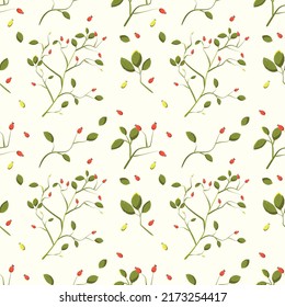 Seamless rose pattern with twigs. Print briar red berries and sprigs for textiles and packaging.
