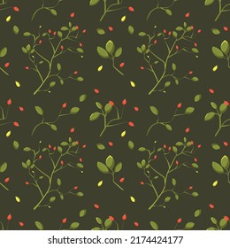 Seamless rose pattern with twigs. Print briar red berries and sprigs for textiles and packaging.	

