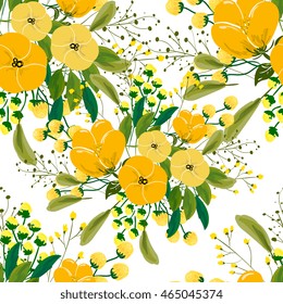 Seamless rose and poppy flower, blossom cluster seamless pattern . Beautiful background with tropical flowers and palm leaves, plant and leaf.