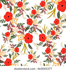 Seamless rose and poppy flower, blossom cluster seamless pattern . Beautiful background with tropical flowers and palm leaves, plant and leaf.