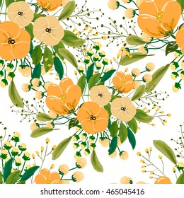 Seamless rose and poppy flower, blossom cluster seamless pattern . Beautiful background with tropical flowers and palm leaves, plant and leaf.