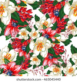 Seamless rose and poppy flower, blossom cluster seamless pattern . Beautiful background with tropical flowers and palm leaves, plant and leaf.