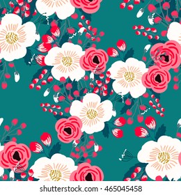 Seamless rose and poppy flower, blossom cluster seamless pattern . Beautiful background with tropical flowers and palm leaves, plant and leaf.