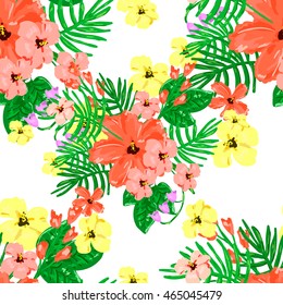 Seamless rose and poppy flower, blossom cluster seamless pattern . Beautiful background with tropical flowers and palm leaves, plant and leaf.