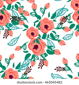 Seamless rose and poppy flower, blossom cluster seamless pattern . Beautiful background with tropical flowers and palm leaves, plant and leaf.