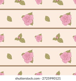 Nahtloses Rosenstreifenmuster mit rosafarbenen Blumen und Knospen auf pastellfarbenem Hintergrund