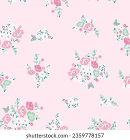 Seamless rose vector pattern. Hand drawn flower bouquets with a mixture of pink roses, green leaves and small white flowers on a pink background.