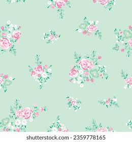 Motif harmonieux de rose vectorielle. Bouquets de fleurs dessinés à la main avec un mélange de roses, feuilles vertes et petites fleurs blanches sur fond vert.