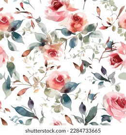 Seamless rose watercolour pattern background, rose flowers on plain background for textile, wallpaper, pattern fills, covers, surface, print, gift wrap, scrapbooking, decoupage, digital, social media