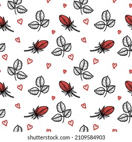 Seamless rosebud pattern, hand-drawn elements in doodle style. Red roses and leaves. Silhouette, outline. Flowers. Symbol. Valentine's Day. Vector image of pink roses on white background. 