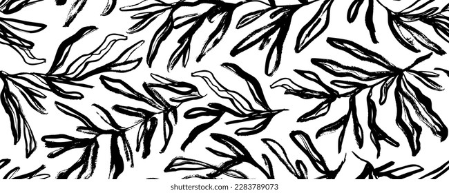 Seamless rosemary branches pattern. Brush drawn botanical wallpaper. Abstract outlined leaves and branches of rosemary. Various foliage silhouettes, vector monochrome botanical ornament.