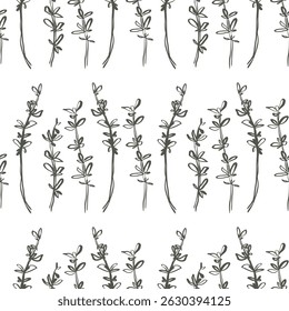 Seamless rosemary herb pattern with green sprigs arranged in rows creating striped design for packaging and textiles