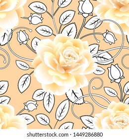 Seamless roses backgorund. Abstract leaves. Vector pattern.