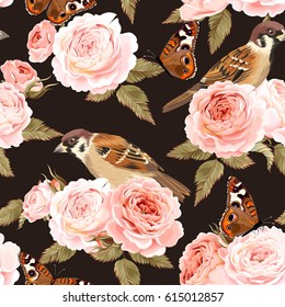 Seamless roses and birds