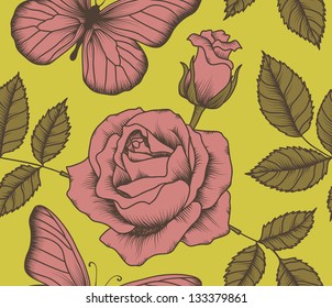 Seamless with roses and butterflies