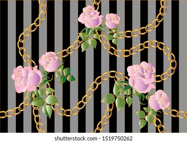 Seamless roses and chains on striped background.EPS10 Illustration.