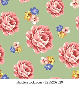 seamless roses pattern in green background