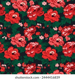 Patrón de rosas sin costuras. Rosas rojas con hojas verdes sobre fondo negro.