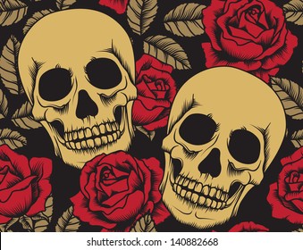 Seamless with roses and skulls