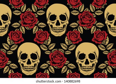 Seamless with roses and skulls