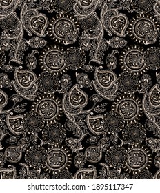 Seamless rotary print repeatable textile design in exotic, ethnic style design. The design is fully editable and easy to change colors to suit your fashion palette for the season.