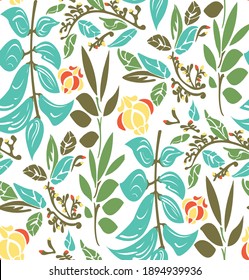 Impresión textil repetible sin inconvenientes con hojas, hojas y estribillos y follaje. El diseño es totalmente editable y fácil de cambiar de color para adaptarse a tu paleta de moda durante la temporada.