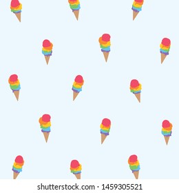 Seamless Rotate Pale Colored Rainbow Flag Ice Cream Waffle Light Blue Background Vector Pattern
