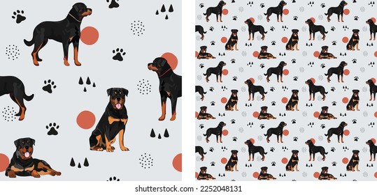 Seamless Rottweiler dog pattern, holiday texture. Square format, t-shirt, poster, packaging, textile, socks, textile, fabric, decoration, wrapping paper. Trendy hand-drawn dogs wallpaper.