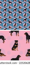 Seamless Rottweiler dog pattern, holiday texture. Square format. Pink, blue packaging, textile, fabric, decoration, wrapping paper.Trendy hand-drawn dogs wallpaper. Holiday kids background with circle