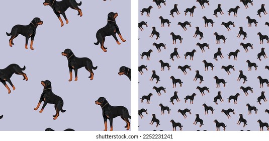 Seamless Rottweiler dog pattern, holiday texture. Packaging, textile, decoration, wrapping paper. Trendy hand-drawn funny breed wallpaper. Fun seamless running Rottweiler square pattern. Blue.