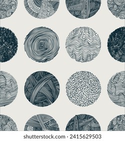 Seamless round abstract black backgrounds or patterns. Hand drawn doodle shapes. Spots, drops, curves, lines. Seamless contemporary modern trendy vector hand drawn textures. Posters, social media.