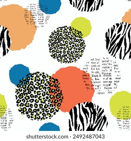 Seamless round circle pattern with abstract handwriting and lettering, wild animal theme, zebra and leopard skin background elements isolated in orange, blue, green and black