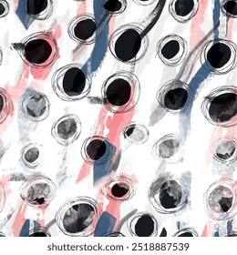 Seamless round circle pattern with abstract hand drawn art brush background elements in black, pink and blue colors