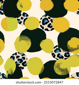 Padrão de círculo redondo sem costura com desenho à mão arte selvagem africano animal leopardo pele elementos de fundo em amarelo, azul, marrom e preto cor