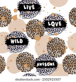 Seamless round circle pattern with isolated abstract text and leopard skin background elements in brown, black and white colors