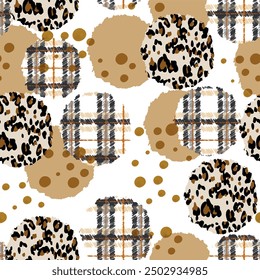 Seamless round circle pattern with isolated abstract collage art tartan, plaid and leopard skin background elements in brown, ecru and black colors