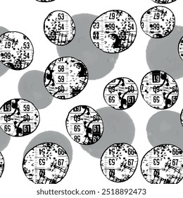 Seamless round circle pattern with isolated abstract hand drawn art font and newspaper background elements in black and grey colors