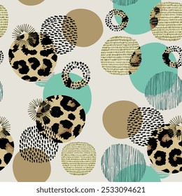 Seamless round circle pattern with isolated abstract hand drawn art wild african leopard skin background elements in brown, green and black colors