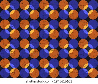 Seamless round geometrical pattern with orange and blue rounds overlay. Retro style texture wallpaper.