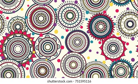 Seamless round ornament pattern with beige background. Vector repeating texture. Perfect for printing on paper or fabric.