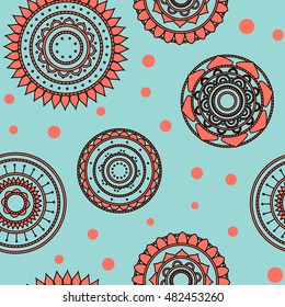 Seamless round ornament pattern with blue background. Vector repeating texture. Perfect for printing on paper or fabric.